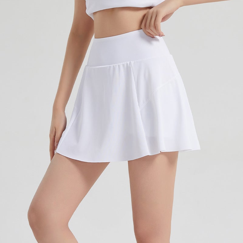 Generic Summer Fitness Short Skirt, Fake Two-Piece Yoga Wear, High-Waisted Breathable Anti-Glare Sports Shorts, Tennis Skirt, Badminton Skirt White
