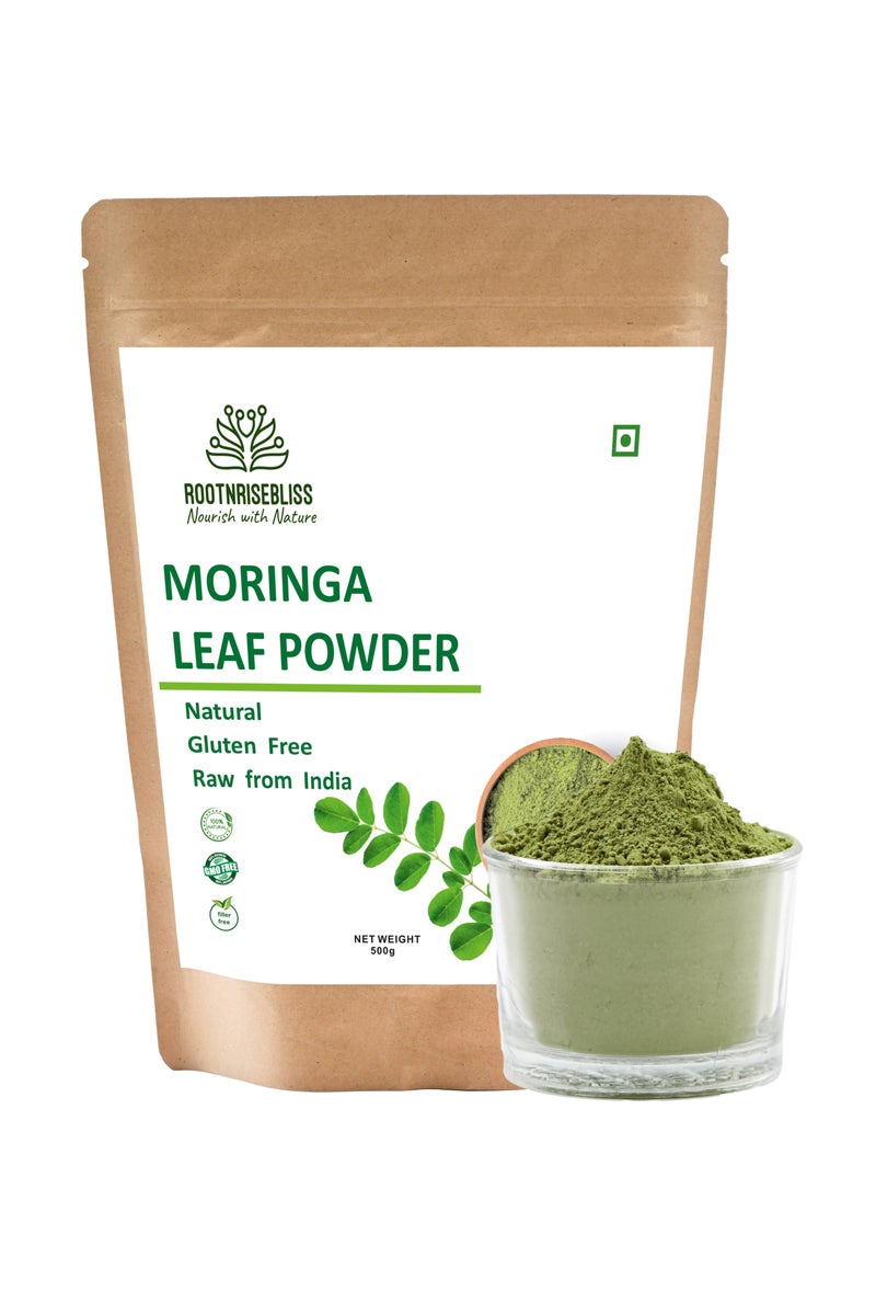 ROOTNRISEBLISS مسحوق أوراق المورينغا للسموذي والمشروبات – 498 جرام مكمل عشبي عضوي، غذاء فائق غني بالعناصر الغذائية للطاقة، المناعة، إزالة السموم والهضم، يدعم البشرة، الشعر والوزن، نباتي وغير معدل وراثيًا - Image 1