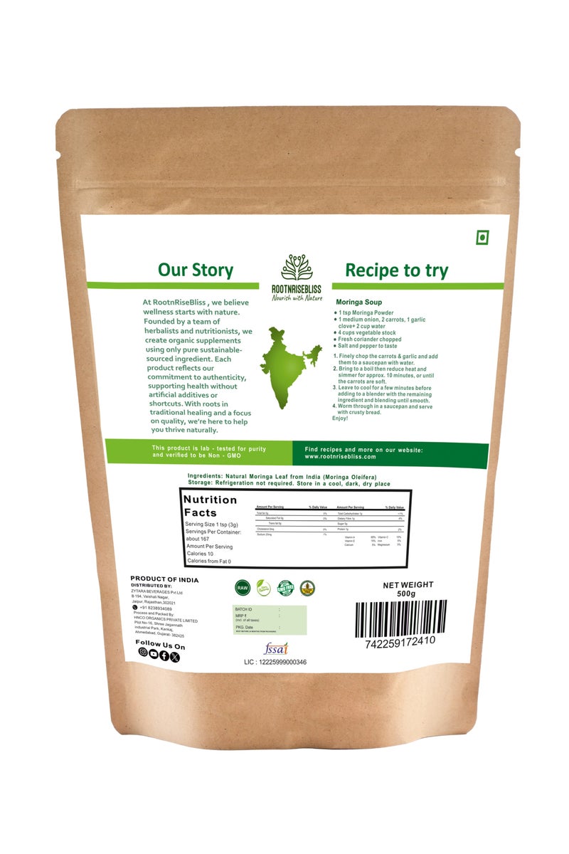 ROOTNRISEBLISS مسحوق أوراق المورينغا للسموذي والمشروبات – 498 جرام مكمل عشبي عضوي، غذاء فائق غني بالعناصر الغذائية للطاقة، المناعة، إزالة السموم والهضم، يدعم البشرة، الشعر والوزن، نباتي وغير معدل وراثيًا - Image 5