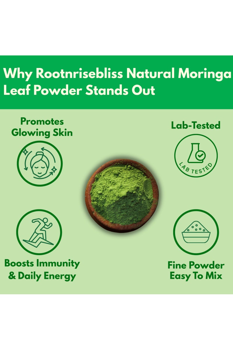 ROOTNRISEBLISS مسحوق أوراق المورينغا للسموذي والمشروبات – 498 جرام مكمل عشبي عضوي، غذاء فائق غني بالعناصر الغذائية للطاقة، المناعة، إزالة السموم والهضم، يدعم البشرة، الشعر والوزن، نباتي وغير معدل وراثيًا - Image 4