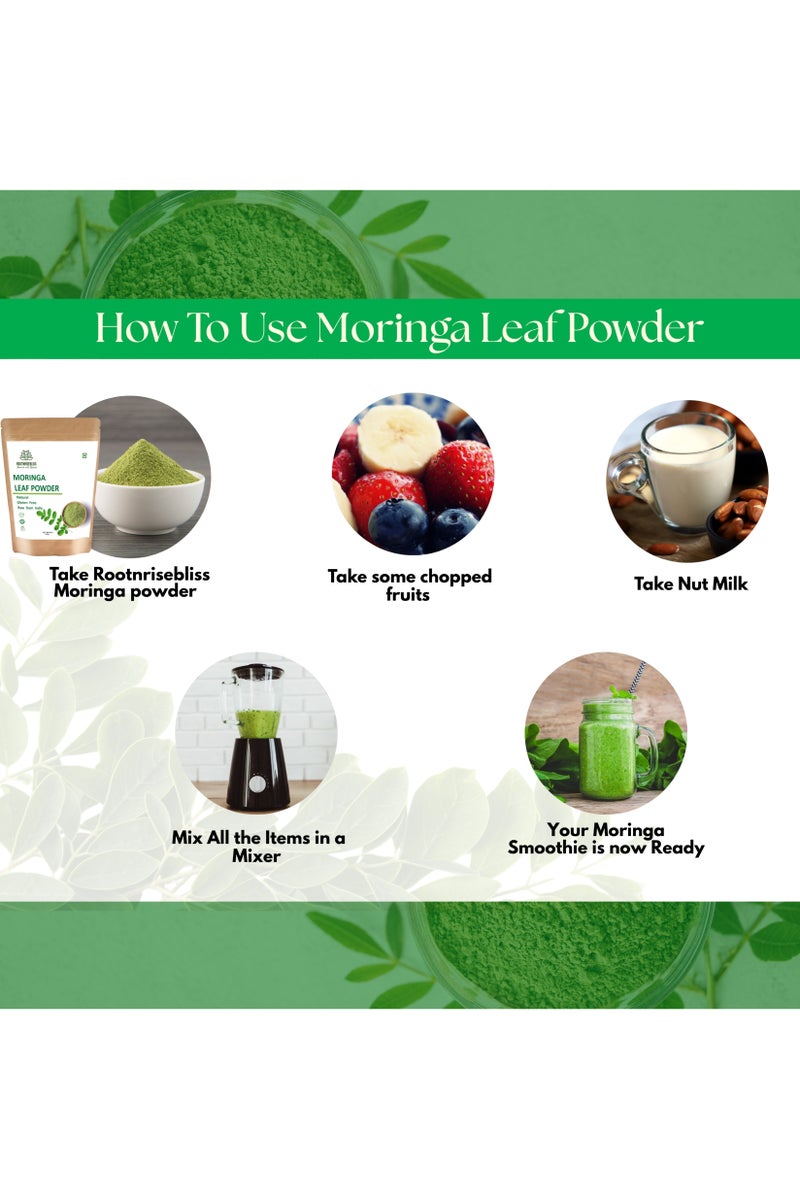 ROOTNRISEBLISS مسحوق أوراق المورينغا للسموذي والمشروبات – 498 جرام مكمل عشبي عضوي، غذاء فائق غني بالعناصر الغذائية للطاقة، المناعة، إزالة السموم والهضم، يدعم البشرة، الشعر والوزن، نباتي وغير معدل وراثيًا - Image 3