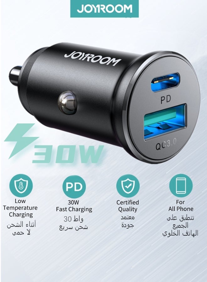 جوي روم شاحن سيارة USB C، محول شاحن سيارة USB معدني سريع للغاية بقدرة 30 وات، PD &amp; QC 3.0 بمنفذ مزدوج لهاتف iPhone 15/Pro/Pro Mam، وSamsung Galaxy Note، وPixel، والمزيد من أجهزة USB C باللون الأسود - Image 1