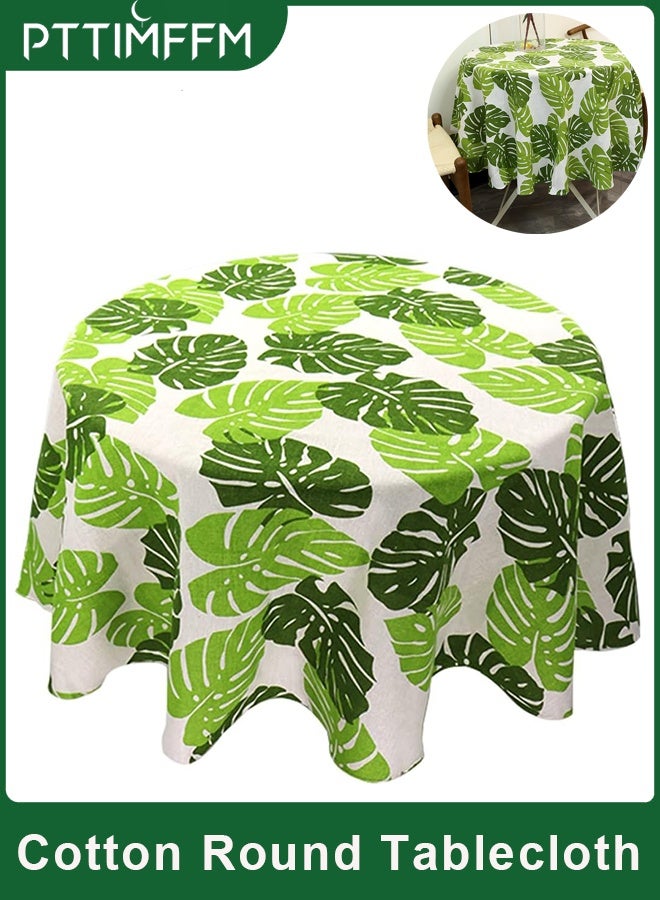 بتيمفم مفرش طاولة دائري من القطن والكتان، مقاس 150×150 سم، بنقشة أوراق الشجر اليابانية الإسكندنافية، قابل للغسل ومقاوم للبقع، مناسب لطاولة الطعام، المنزل، المطبخ، حفلات الزفاف، وديكور الحفلات. - Image 1