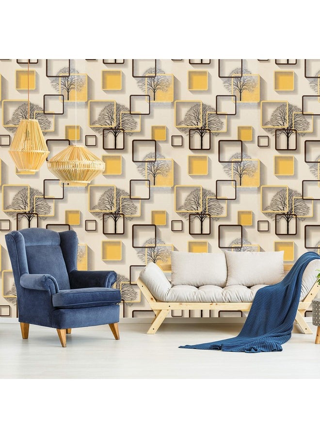 wolpin wolpin Wall Stickers DIY Wallpaper (45 x 500 cm) 3D Frames and Trees Self Adhesive Decals Living Room Home Interior Decoration, Blazing Yellow  - Image 2