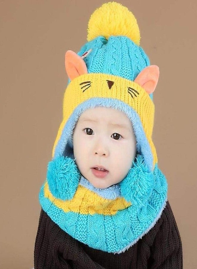 Niue Kids Baby Boy's & Baby Girl's Winter Warm Knitted Cartoon Kitten Wool Kids Caps 2pcs Hat and Scarf Set (Blue) - Image 4
