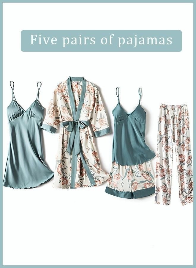 5-Pack Women's Pajama Set Sling with Chest Pad Nightdress Sweet Sleepwear Home Wearing Clothes Suits Ladies Floral Printing Nightwear Lingerie Robe Underwear Shorts Summer Spring Blue  - Image 1
