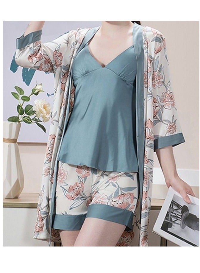 5-Pack Women's Pajama Set Sling with Chest Pad Nightdress Sweet Sleepwear Home Wearing Clothes Suits Ladies Floral Printing Nightwear Lingerie Robe Underwear Shorts Summer Spring Blue  - Image 2
