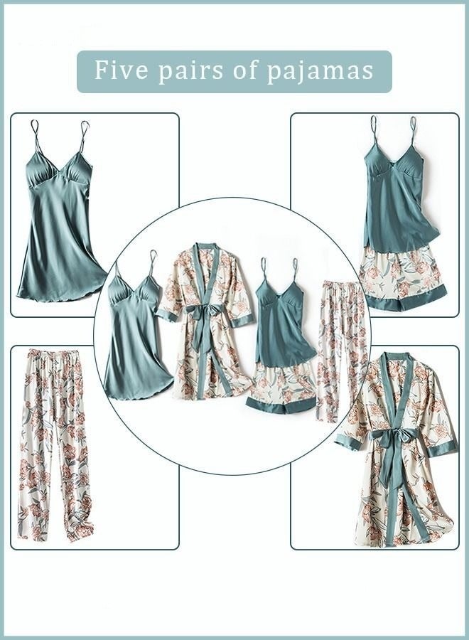 5-Pack Women's Pajama Set Sling with Chest Pad Nightdress Sweet Sleepwear Home Wearing Clothes Suits Ladies Floral Printing Nightwear Lingerie Robe Underwear Shorts Summer Spring Blue  - Image 4