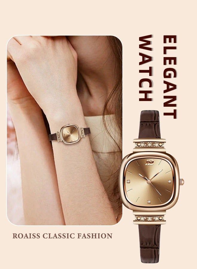 roaiss Women's Leather Strap Quartz Watch Analog Display Square Dial with Rhinestones Decoration Waterproof Elegant Watch as Gift for Ladies - Image 1