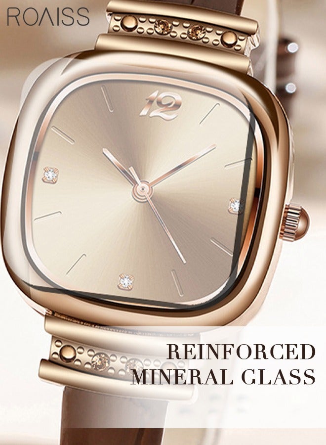 roaiss Women's Leather Strap Quartz Watch Analog Display Square Dial with Rhinestones Decoration Waterproof Elegant Watch as Gift for Ladies - Image 5