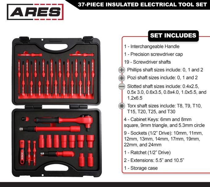 ARES 19004-37-Piece Insulated Electrical Tool Set Ergonomic Handle With 19 Screwdriver Sizes And 4 Cabinet Keys 1/2-Inch Drive Ratchet And Extensions 9 Socket Sizes 10-24Mm Storage Case - Image 2