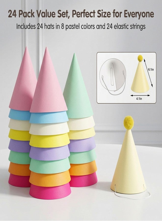 QZV 24 Pack Birthday Party Hats,8 Colors Cone Party Hat for Kids Adults Pets, Pastel Rainbow Paper Hats for Birthday, Baby Shower (Rainbow) - Image 2