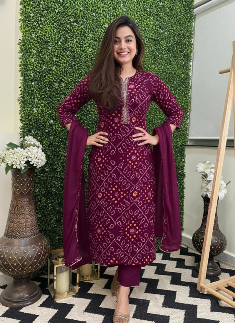 GoSriKi  GoSriKi Women's Rayon Blend Straight Bandhej Printed Kurta with Pant & Dupatta (Turae Wine-VKS01-GS_5XL_Wine_XXXXX-Large) for Women | Best Price UAE
