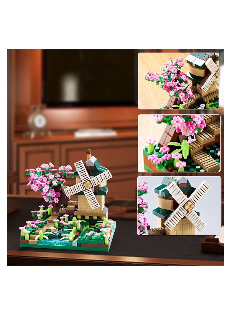 Loquat Architecture River Windmill Sakura Tree Plants Set Building Bricks Toy Trees Flowers for Girls, a Creative DIY Cherry Blossom Micro Block Model Kit Gift Kids and Adults (600 pcs with 2 Figure) - Image 2