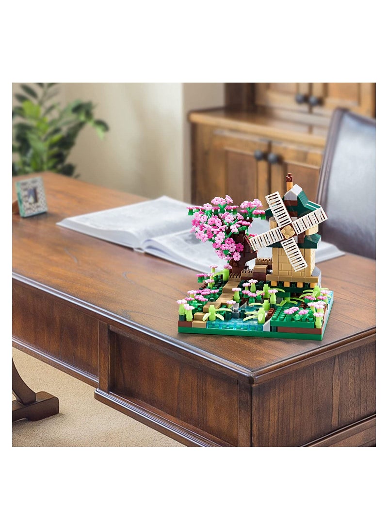 Loquat Architecture River Windmill Sakura Tree Plants Set Building Bricks Toy Trees Flowers for Girls, a Creative DIY Cherry Blossom Micro Block Model Kit Gift Kids and Adults (600 pcs with 2 Figure) - Image 5