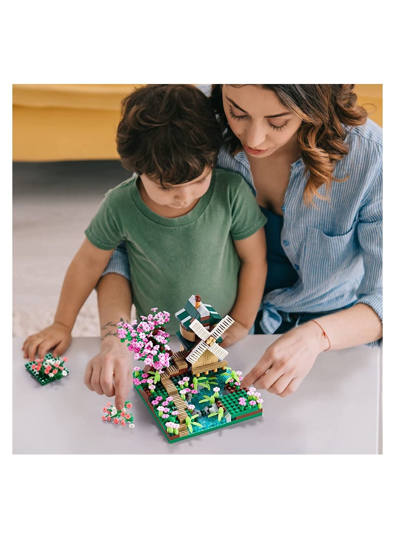 Loquat Architecture River Windmill Sakura Tree Plants Set Building Bricks Toy Trees Flowers for Girls, a Creative DIY Cherry Blossom Micro Block Model Kit Gift Kids and Adults (600 pcs with 2 Figure) - Image 3