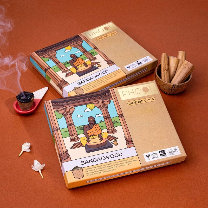 PHOOL LUXURY INCENSE PHOOL LUXURY INCENSE Sandalwood Havan Cups I I Navratri Special Pack I 16 Havan Pcs 1 Free Stand I Ecocert Certified Natural I Dhuni for Pooja I Organic Chandan Fragrance dhuno - Image 1