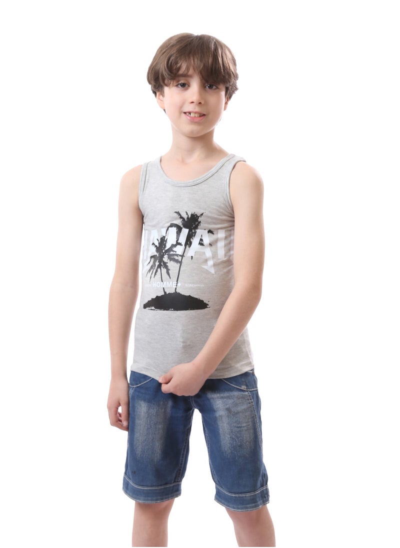 Andora Sleeveless Boys Round Neck Printed Tank Top - Heather Grey, White & Black  - Image 1