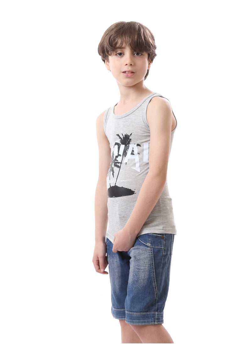 Andora Sleeveless Boys Round Neck Printed Tank Top - Heather Grey, White & Black  - Image 3