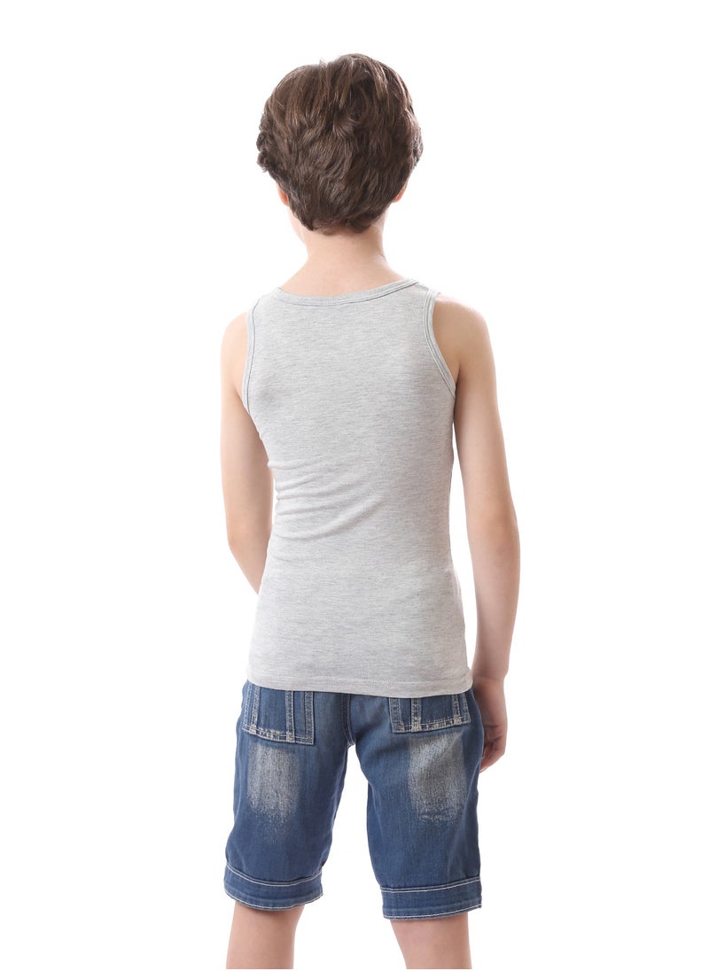Andora Sleeveless Boys Round Neck Printed Tank Top - Heather Grey, White & Black  - Image 4