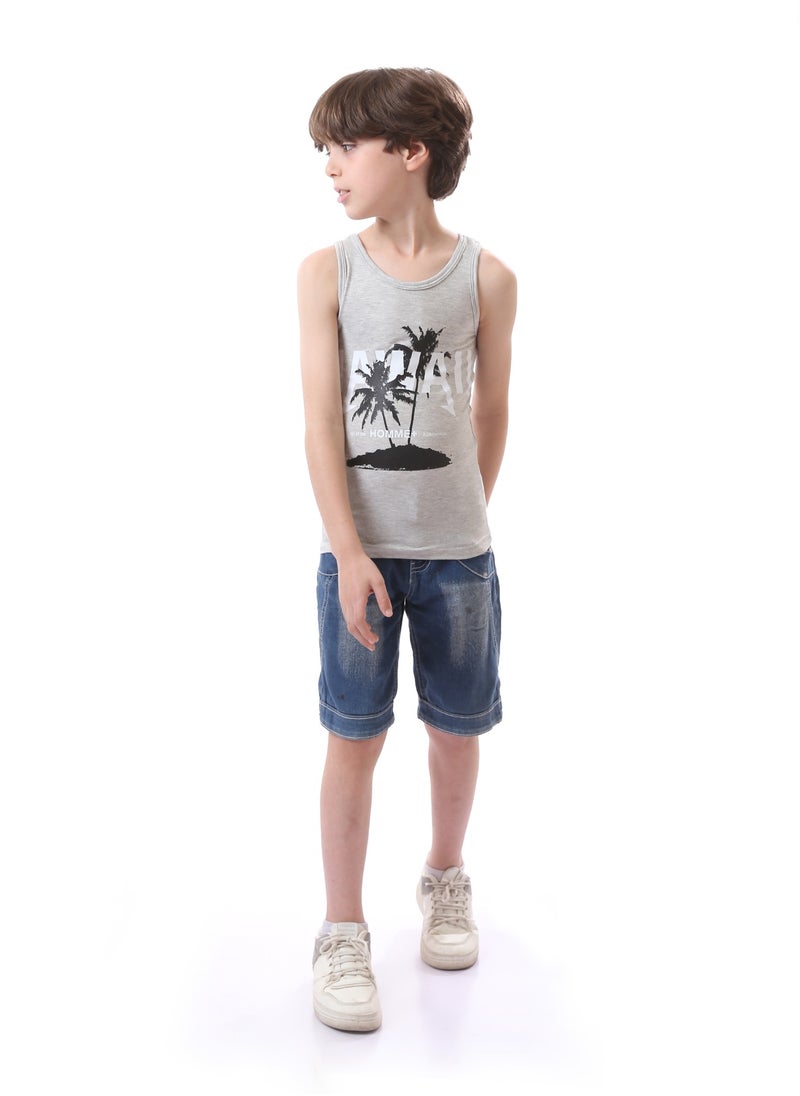 Andora Sleeveless Boys Round Neck Printed Tank Top - Heather Grey, White & Black  - Image 2