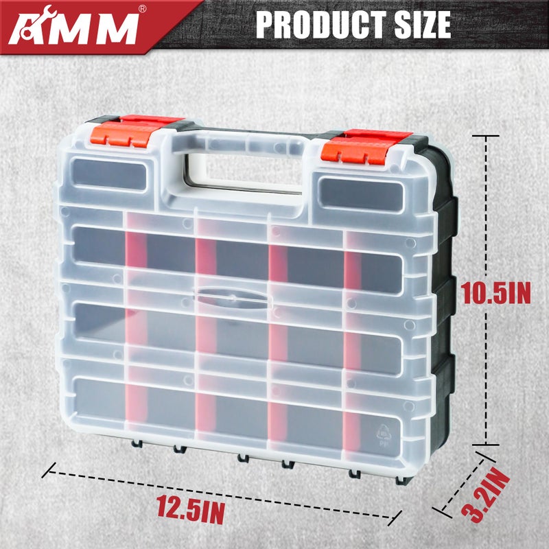 AMM Tool Box, Double Side Tool Box Organizer with 34 Compartments, Removable Dividers, Tackle Box Small Parts Screw Hardware Organizer for Screws, Nuts, Nails and Bolts (1 Piece, Red) - Image 2