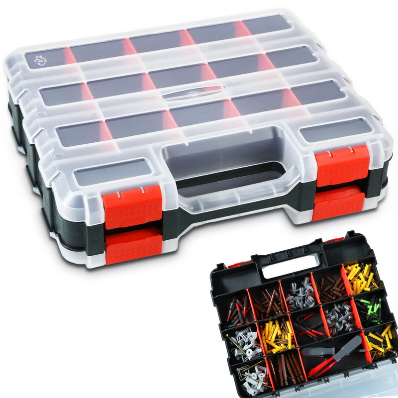 AMM Tool Box, Double Side Tool Box Organizer with 34 Compartments, Removable Dividers, Tackle Box Small Parts Screw Hardware Organizer for Screws, Nuts, Nails and Bolts (1 Piece, Red) - Image 1