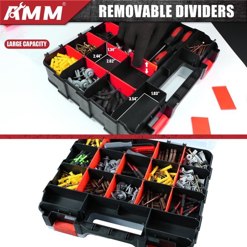 AMM Tool Box, Double Side Tool Box Organizer with 34 Compartments, Removable Dividers, Tackle Box Small Parts Screw Hardware Organizer for Screws, Nuts, Nails and Bolts (1 Piece, Red) - Image 4