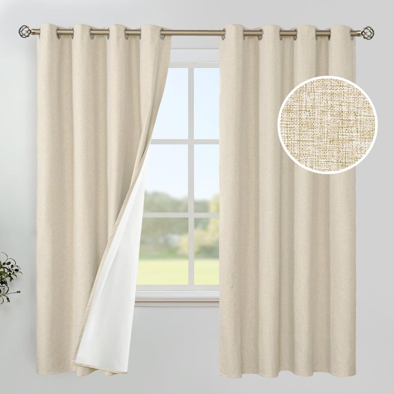 YoungsTex Linen 100% Blackout Curtains 63 inch for Bedroom, Textured Grommet Thermal Insulated Full Room Darkening Drape for Winter Living Room with White Liner, Beige, 2 Panels, 52 X 63 Inch - Image 1