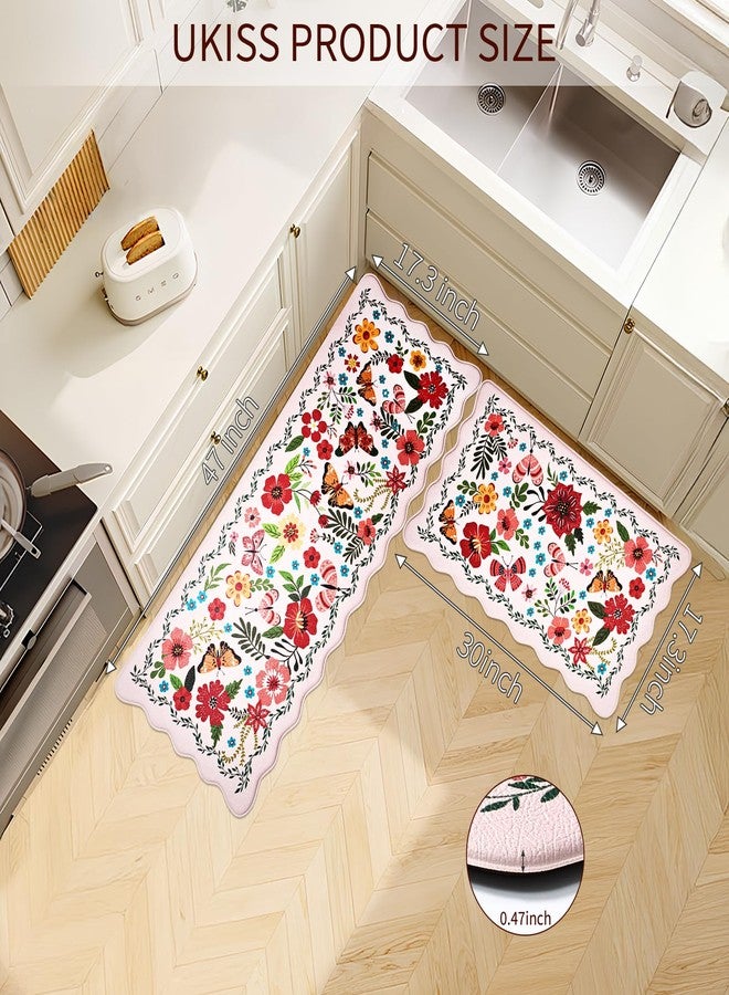 UKISS Kitchen Rugs, 2PCS Waterproof Kitchen Mats, Cushioned Anti Fatigue Kitchen Mat, Non-Slip Boho Comfort Mat for Kitchen, Floor Home, Sink, Laundry,17.3"x28"+17.3"x47", White &Pink (Pink) - Image 2