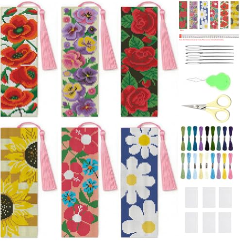NEGEKFKX 6 Pcs Flower Cross Stitch Bookmark Kit for Adult Beginners,Flowers Cross Stitch Kits 14 CT DIY Crossstitch Kits Adult Stamped Bookmark Embroidery Bookmarks Kit - Image 1