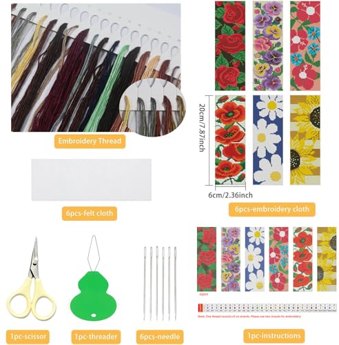 NEGEKFKX 6 Pcs Flower Cross Stitch Bookmark Kit for Adult Beginners,Flowers Cross Stitch Kits 14 CT DIY Crossstitch Kits Adult Stamped Bookmark Embroidery Bookmarks Kit - Image 2