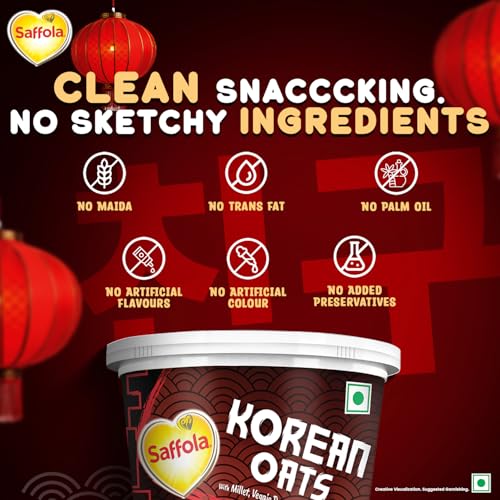Saffola Korean Cuppa Oats, Fiery Hot, with chilli dressing sachet, No added preservatives, Ready in 4 mins, 56g - Image 5