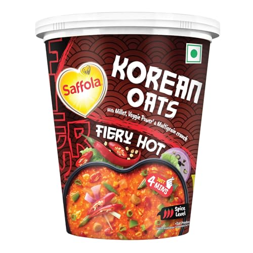 Saffola Korean Cuppa Oats, Fiery Hot, with chilli dressing sachet, No added preservatives, Ready in 4 mins, 56g - Image 1