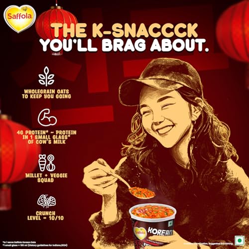 Saffola Korean Cuppa Oats, Fiery Hot, with chilli dressing sachet, No added preservatives, Ready in 4 mins, 56g - Image 4