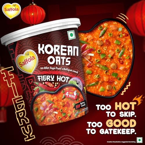 Saffola Korean Cuppa Oats, Fiery Hot, with chilli dressing sachet, No added preservatives, Ready in 4 mins, 56g - Image 2