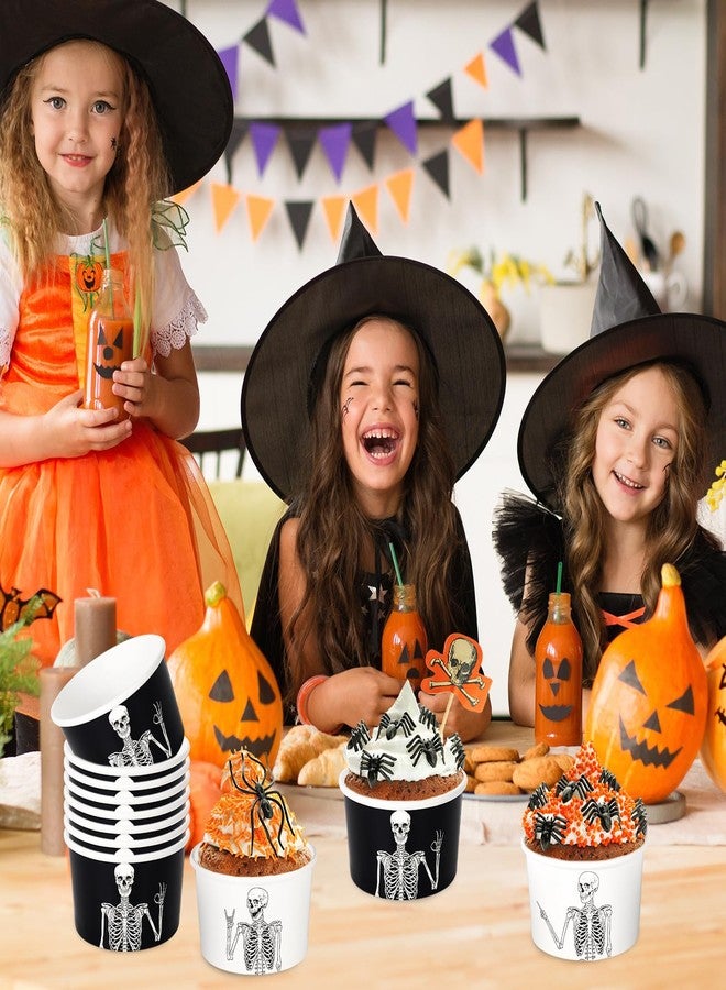 JarThenaAMCS 50Pcs Halloween Skeleton Treat Snack Cups 8oz Black White Skull Ice Cream Bowl Spooky Disposable Paper Bowls for Hot Cold Food Halloween Decorations - Image 4