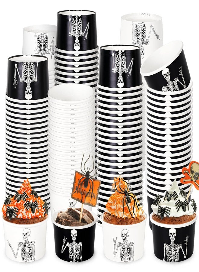 JarThenaAMCS 50Pcs Halloween Skeleton Treat Snack Cups 8oz Black White Skull Ice Cream Bowl Spooky Disposable Paper Bowls for Hot Cold Food Halloween Decorations - Image 1