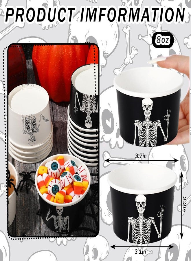 JarThenaAMCS 50Pcs Halloween Skeleton Treat Snack Cups 8oz Black White Skull Ice Cream Bowl Spooky Disposable Paper Bowls for Hot Cold Food Halloween Decorations - Image 2