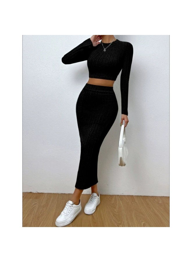 general 2026 Women's Spring Casual Fashion Round-neck Long-sleeved A-line Skirt Knitted Set - Image 1