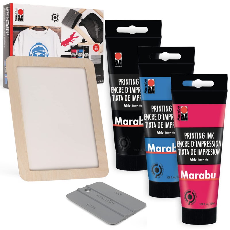 Marabu Marabu Screen Printing Kit Set  Screen Print Kit with Reusable Wooden Frame 1 Screen Printing Squeegee and 3 x 100ml Ink  Silk Screen Printing Kit for Beginners 