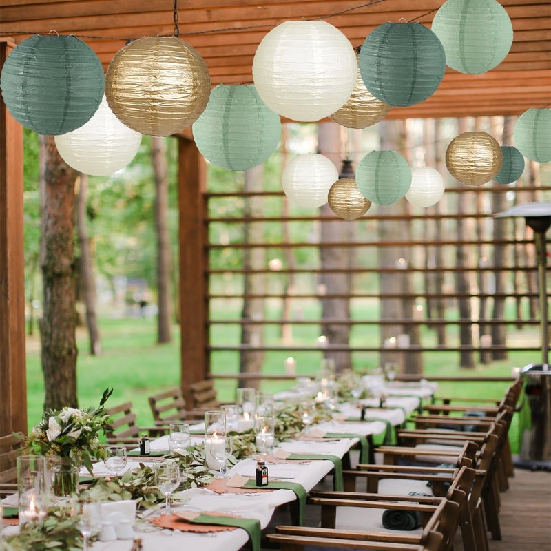 zilue Paper Lanterns Decorative, Round Hanging Paper Lanterns Decorations for Rustic Party Bridal Shower Wedding Sage Green Birthday Party Supplies Gold/Ivory/Sage Green 15pcs - Image 4