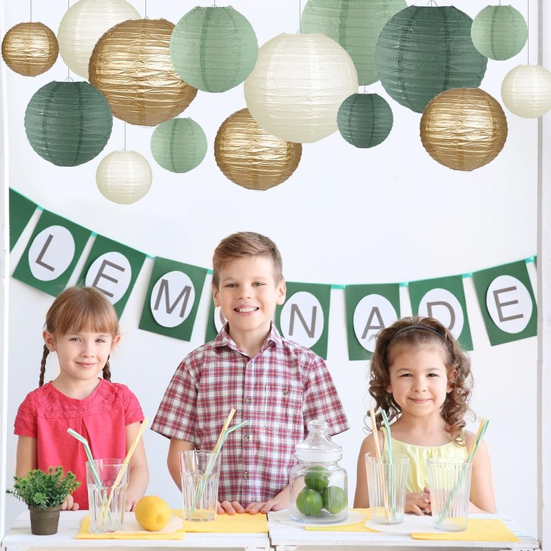zilue Paper Lanterns Decorative, Round Hanging Paper Lanterns Decorations for Rustic Party Bridal Shower Wedding Sage Green Birthday Party Supplies Gold/Ivory/Sage Green 15pcs - Image 5