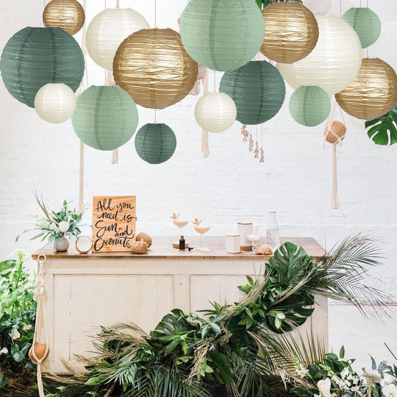 zilue Paper Lanterns Decorative, Round Hanging Paper Lanterns Decorations for Rustic Party Bridal Shower Wedding Sage Green Birthday Party Supplies Gold/Ivory/Sage Green 15pcs - Image 3