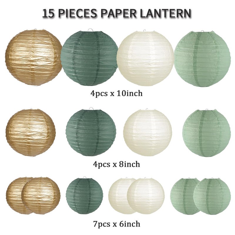 zilue Paper Lanterns Decorative, Round Hanging Paper Lanterns Decorations for Rustic Party Bridal Shower Wedding Sage Green Birthday Party Supplies Gold/Ivory/Sage Green 15pcs - Image 2