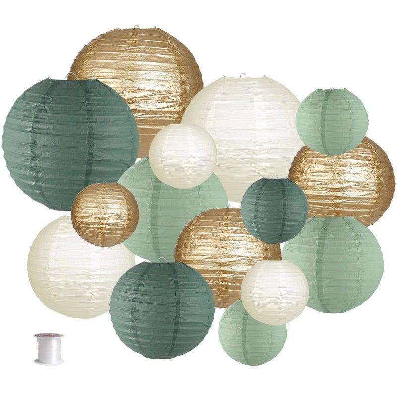 zilue Paper Lanterns Decorative, Round Hanging Paper Lanterns Decorations for Rustic Party Bridal Shower Wedding Sage Green Birthday Party Supplies Gold/Ivory/Sage Green 15pcs - Image 1