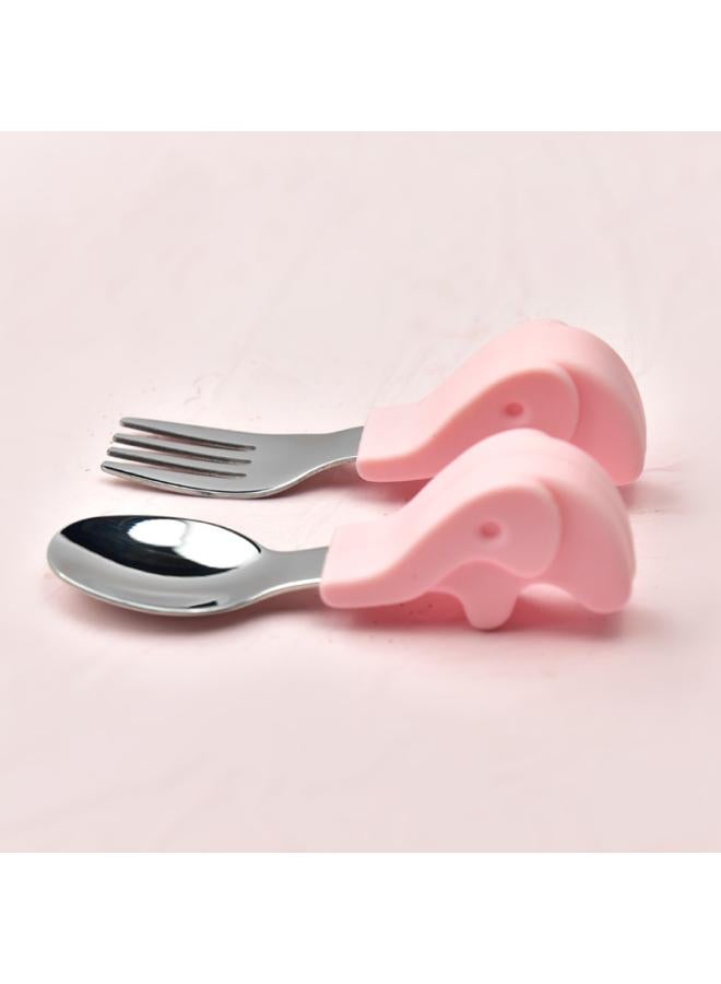 Hippo Baby Baby Learning To Eat Training Fork Spoon Short Handle Stainless Steel Tableware Children's Silicone Complementary Food Complementary Food Fork Spoon 