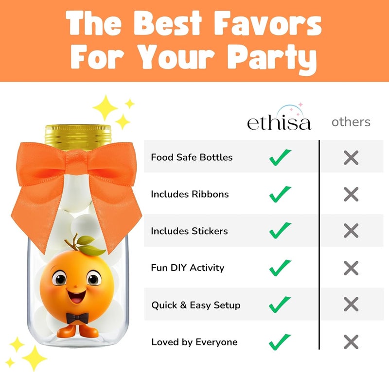 Ethisa Small 12 Pack Little Cutie Baby Shower Party Favors - Candy Jars with Ribbons and Stickers - DIY Party Decoration Bottles for Little Cutie is on the Way Gender Reveal - Orange Table Centerpiece - Image 5