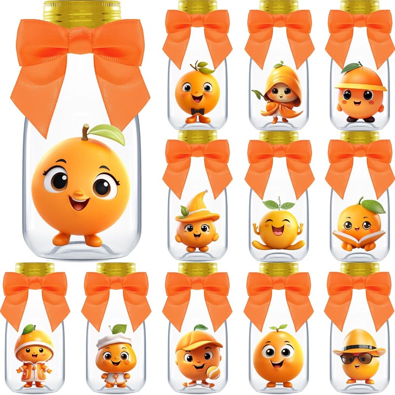 Ethisa Small 12 Pack Little Cutie Baby Shower Party Favors - Candy Jars with Ribbons and Stickers - DIY Party Decoration Bottles for Little Cutie is on the Way Gender Reveal - Orange Table Centerpiece - Image 1