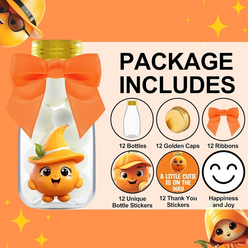 Ethisa Small 12 Pack Little Cutie Baby Shower Party Favors - Candy Jars with Ribbons and Stickers - DIY Party Decoration Bottles for Little Cutie is on the Way Gender Reveal - Orange Table Centerpiece - Image 2